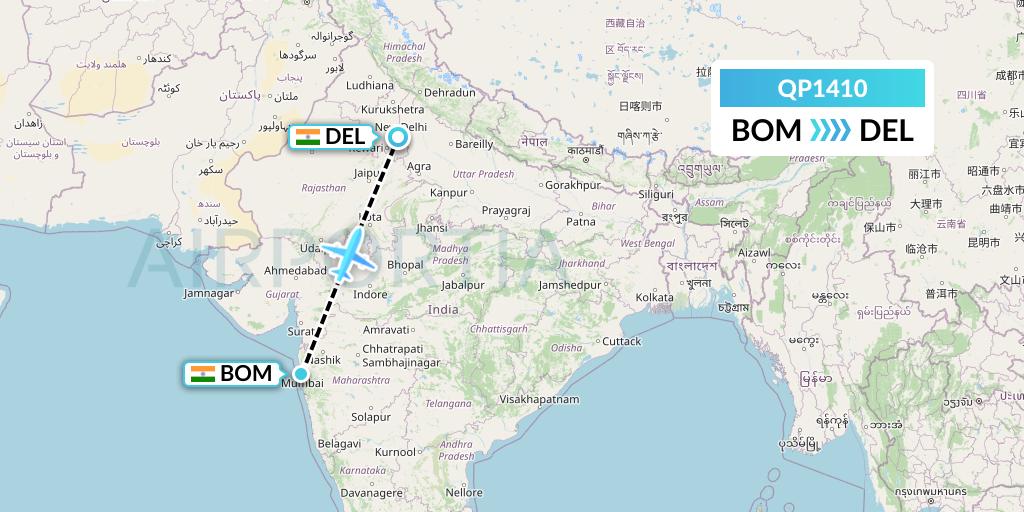 QP1410 Akasa Air Flight Map: Mumbai to Delhi