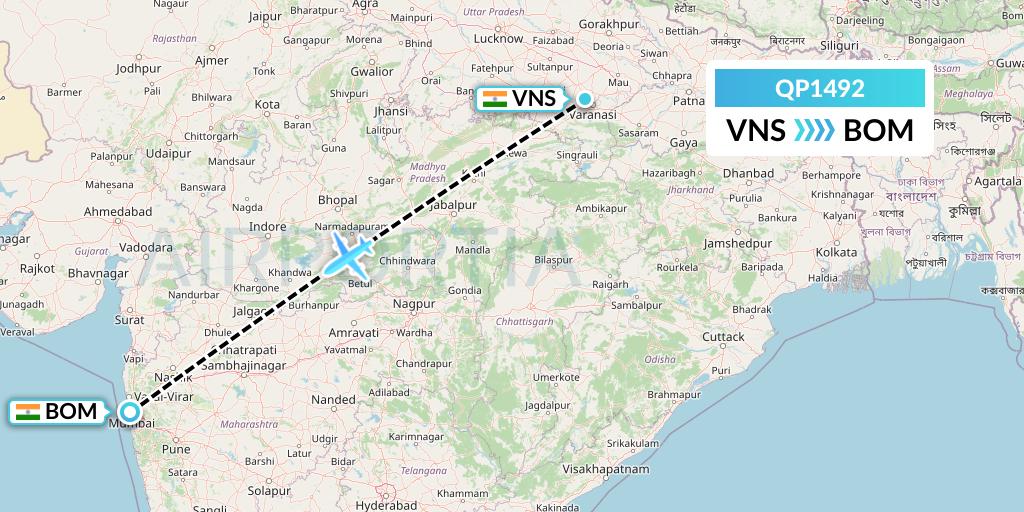 QP1492 Akasa Air Flight Map: Varanasi to Mumbai