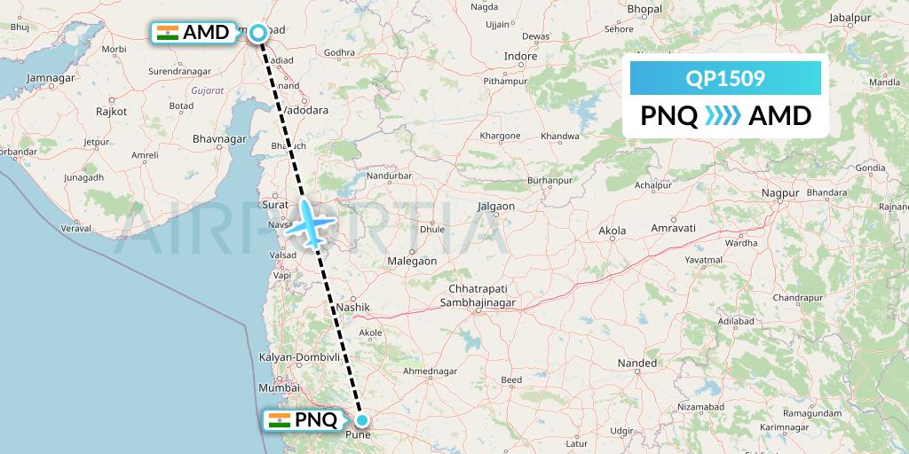 QP1509 Akasa Air Flight Map: Pune to Ahmedabad