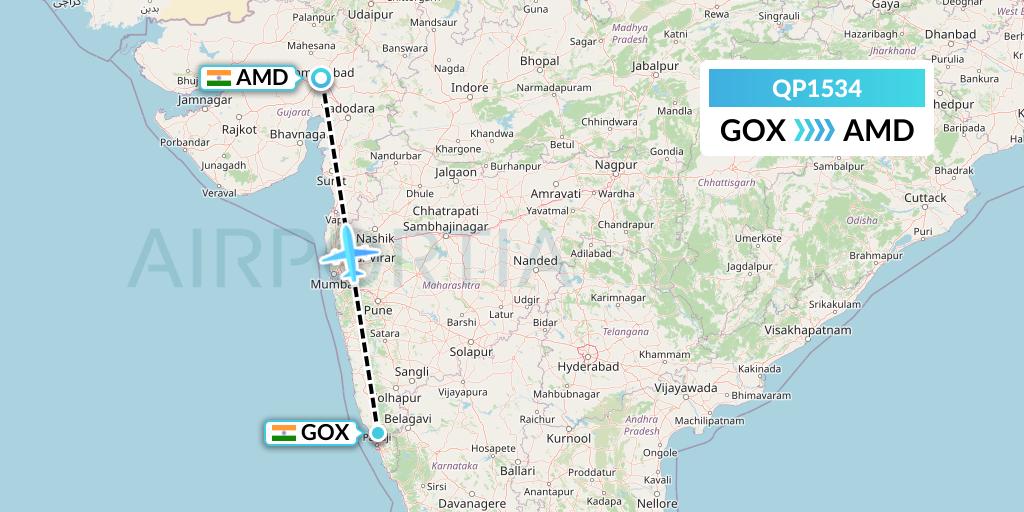 QP1534 Akasa Air Flight Map: Goa to Ahmedabad