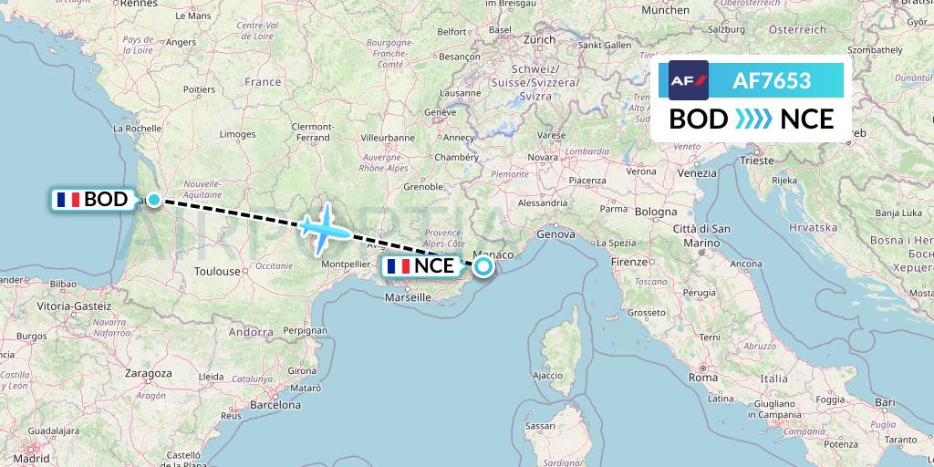 AF7653 Air France Flight Map: Bordeaux to Nice