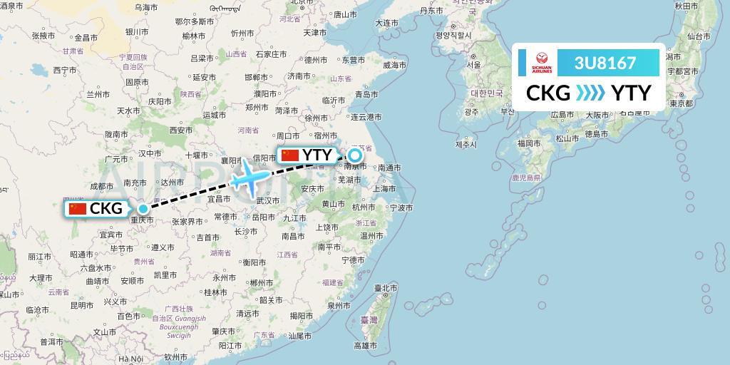 3U8167 Sichuan Airlines Flight Map: Chongqing to Yangzhou