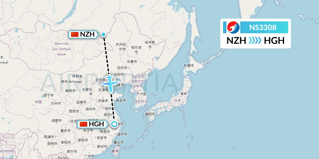NS3308 Hebei Airlines Flight Map: Manzhouli to Hangzhou
