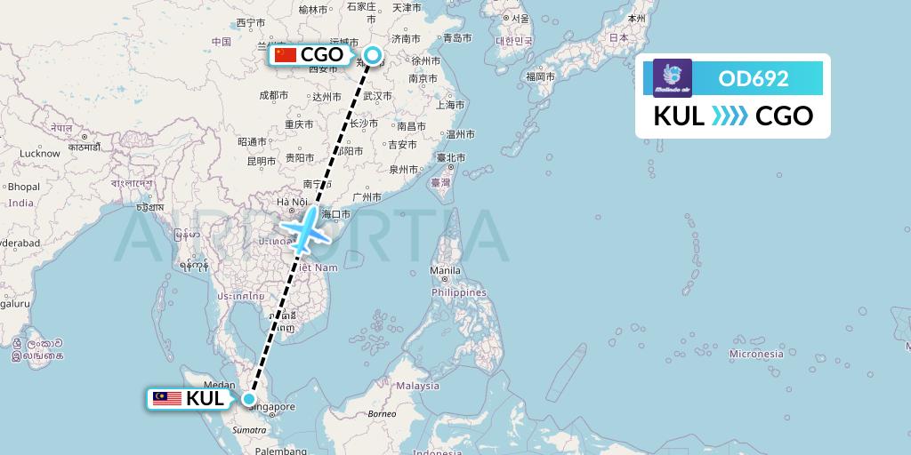 OD692 Batik Air Malaysia Flight Map: Kuala Lumpur to Zhengzhou