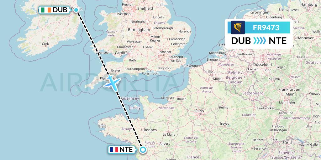 FR9473 Ryanair Flight Map: Dublin to Nantes