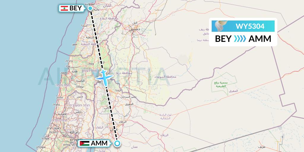 WY5304 Oman Air Flight Map: Beirut to Amman