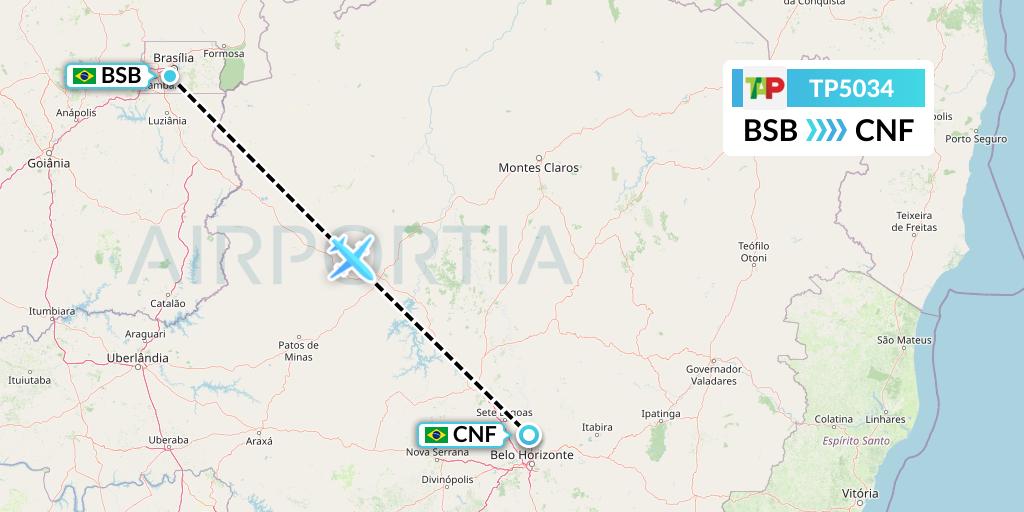 TP5034 TAP Portugal Flight Map: Brasilia to Belo Horizonte