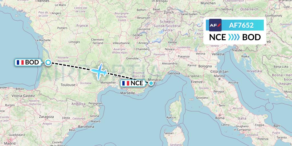 AF7652 Air France Flight Map: Nice to Bordeaux