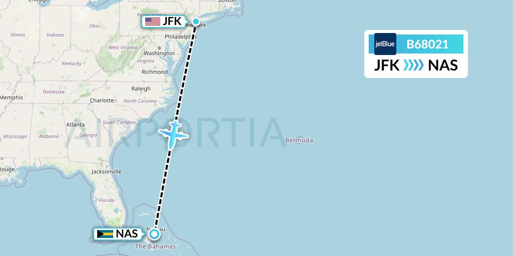 B68021 JetBlue Airways Flight Map: New York to Nassau
