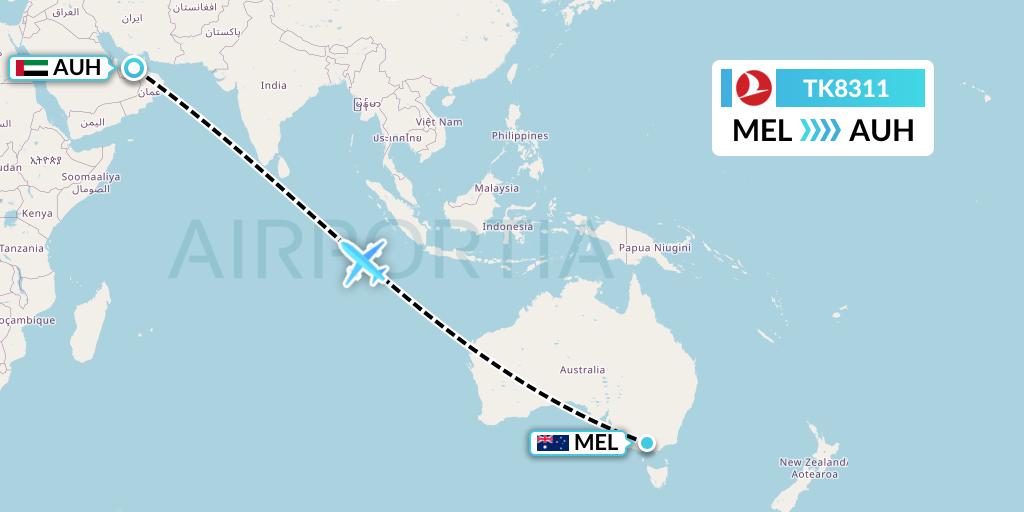 TK8311 Turkish Airlines Flight Map: Melbourne to Abu Dhabi