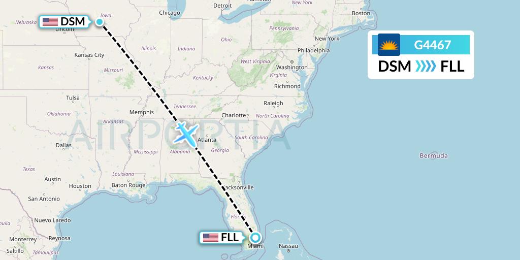 G4467 Allegiant Air Flight Map: Des Moines to Fort Lauderdale