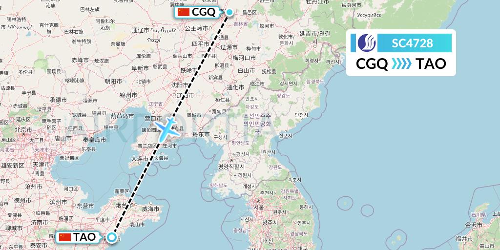 SC4728 Shandong Airlines Flight Map: Changchun to Qingdao