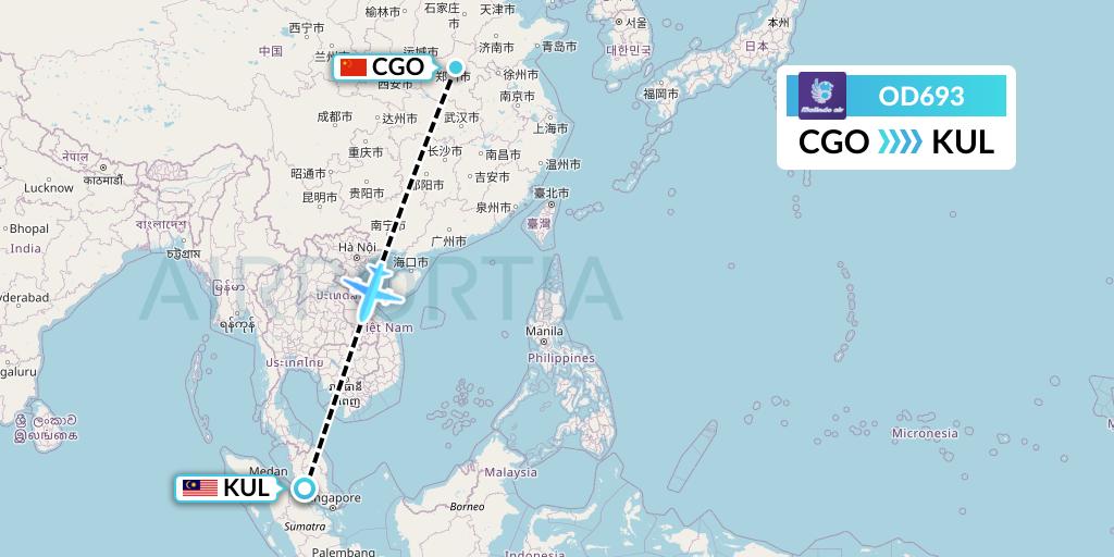 OD693 Batik Air Malaysia Flight Map: Zhengzhou to Kuala Lumpur