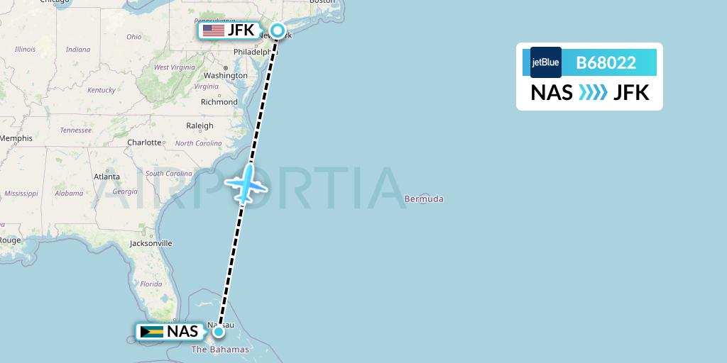 B68022 JetBlue Airways Flight Map: Nassau to New York
