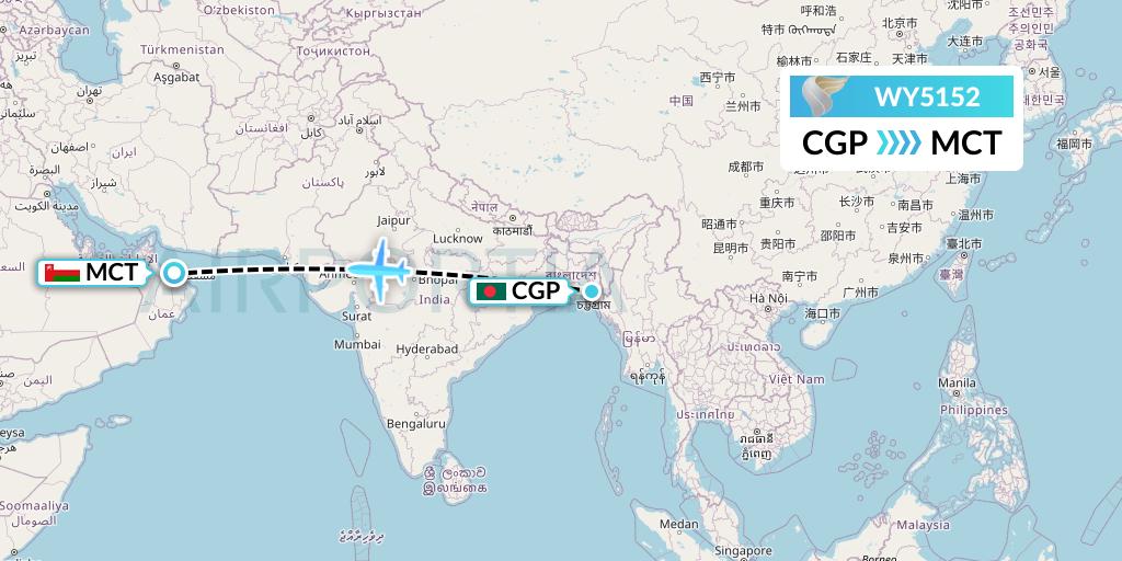 WY5152 Oman Air Flight Map: Chittagong to Muscat
