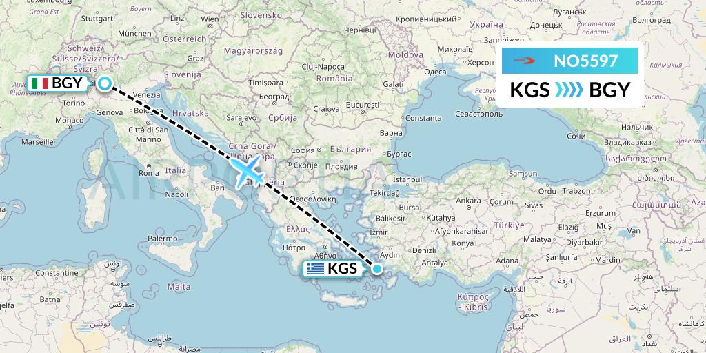 NO5597 Neos Flight Map: Kos to Milan