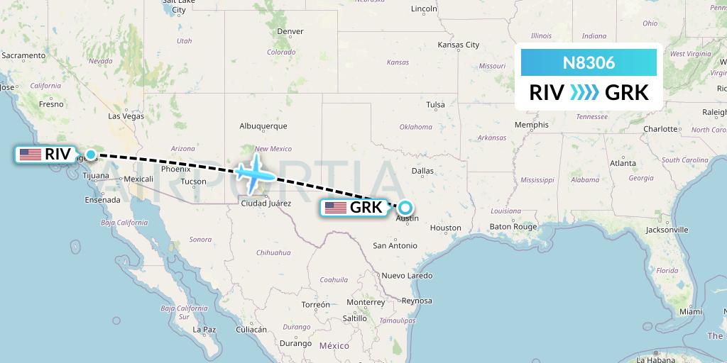 N8306 National Airlines Flight Map: Riverside to Killeen