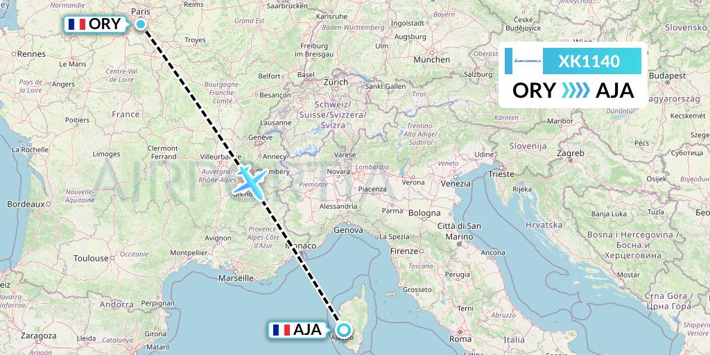XK1140 Air Corsica Flight Map: Paris to Ajaccio