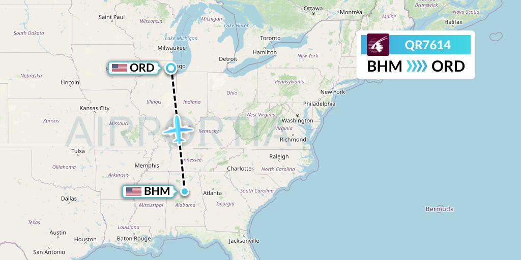 QR7614 Qatar Airways Flight Map: Birmingham to Chicago