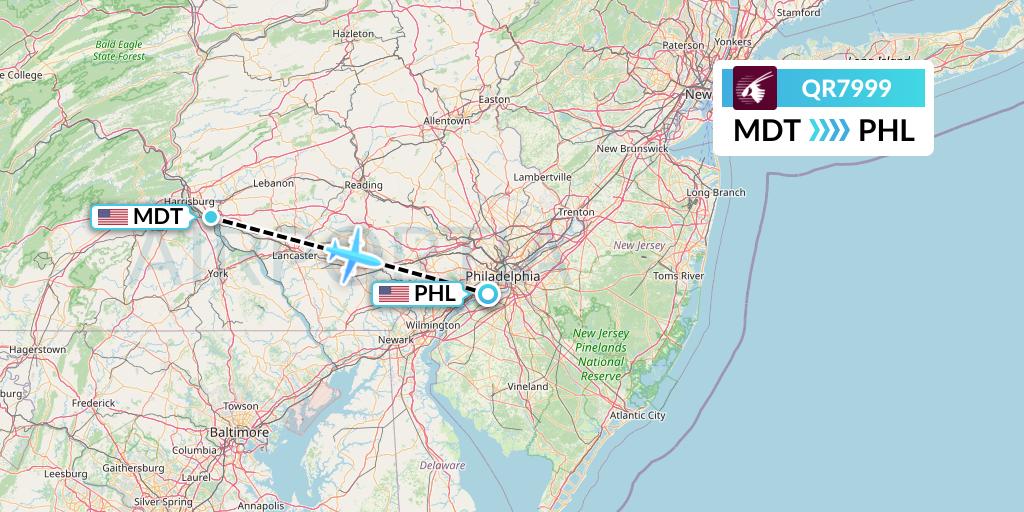QR7999 Qatar Airways Flight Map: Harrisburg to Philadelphia