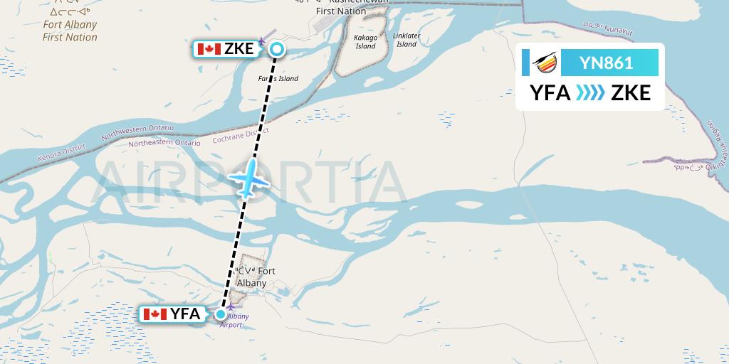 YN861 Air Creebec Flight Map: Fort Albany to Kashechewan