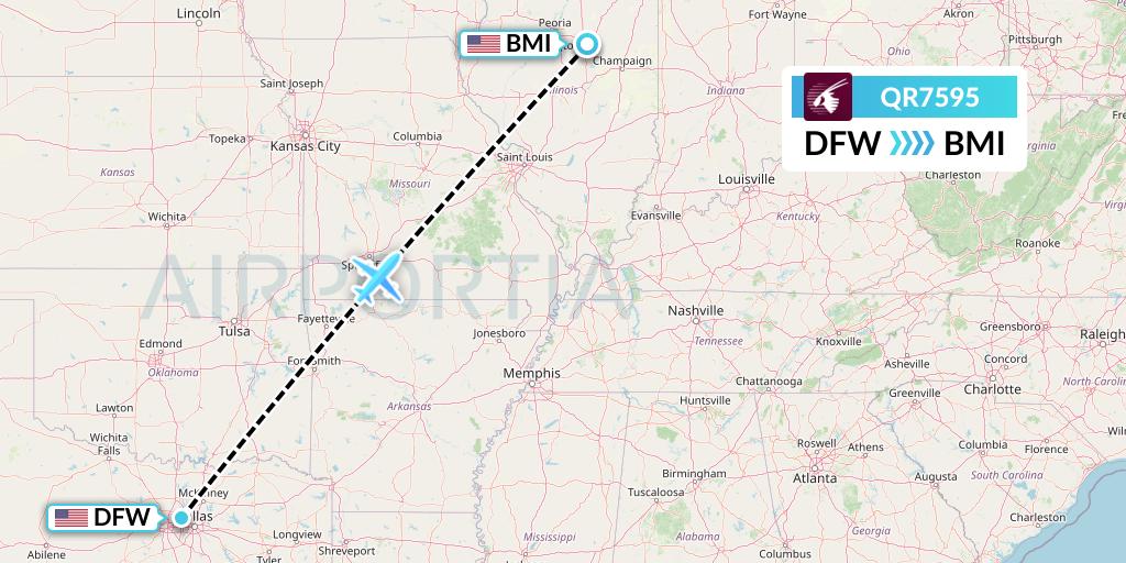 QR7595 Qatar Airways Flight Map: Dallas to Bloomington