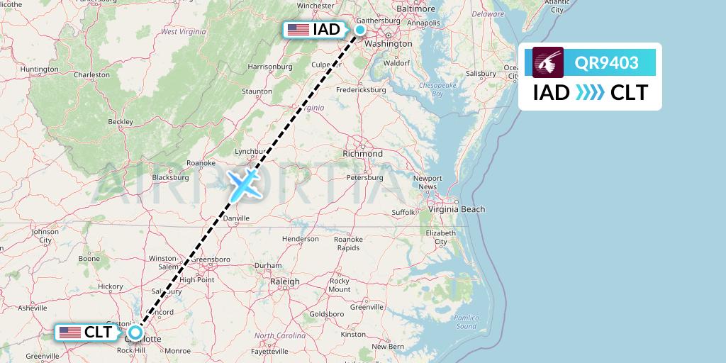QR9403 Qatar Airways Flight Map: Washington to Charlotte