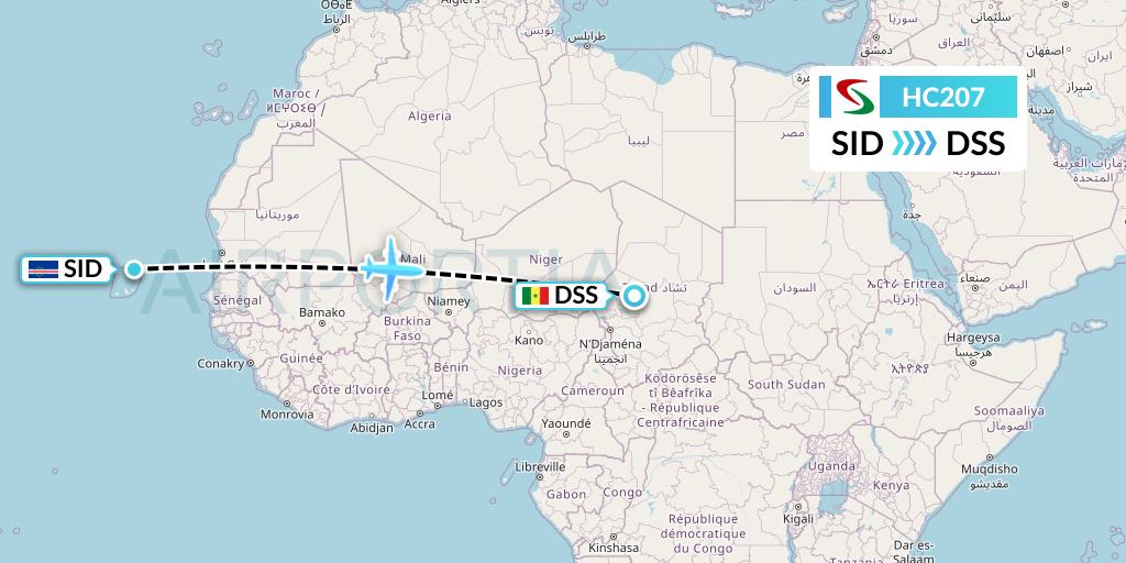 HC207 Air Senegal Flight Map: Espargos to Dakar