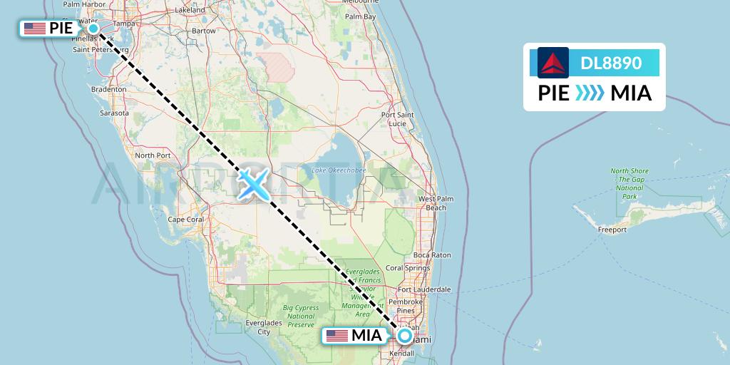 DL8890 Delta Air Lines Flight Map: St. Petersburg to Miami