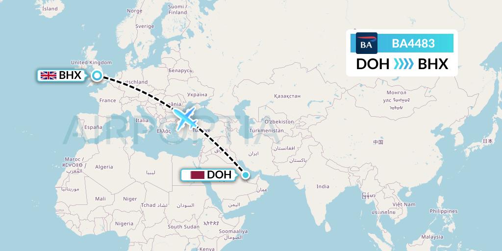 BA4483 British Airways Flight Map: Doha to Birmingham