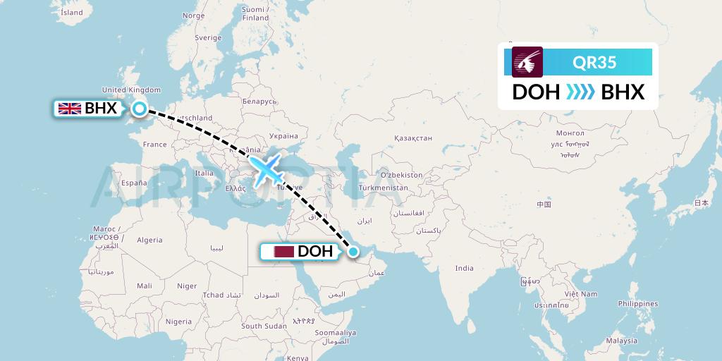QR35 Qatar Airways Flight Map: Doha to Birmingham