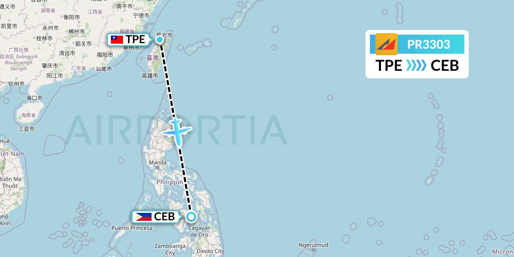 PR3303 Philippine Airlines Flight Map: Taipei to Cebu