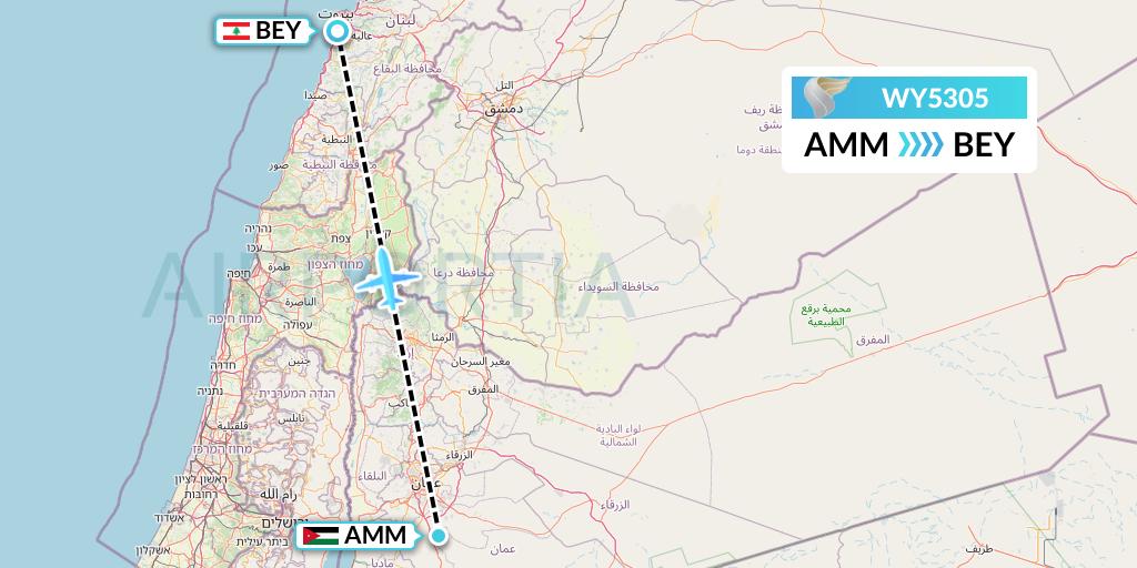 WY5305 Oman Air Flight Map: Amman to Beirut