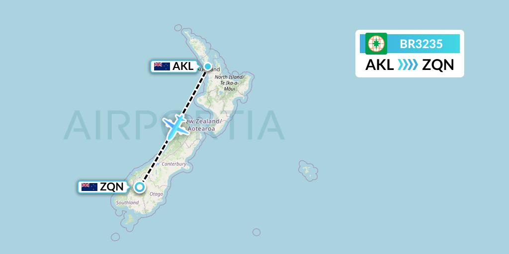 BR3235 EVA Air Flight Map: Auckland to Queenstown