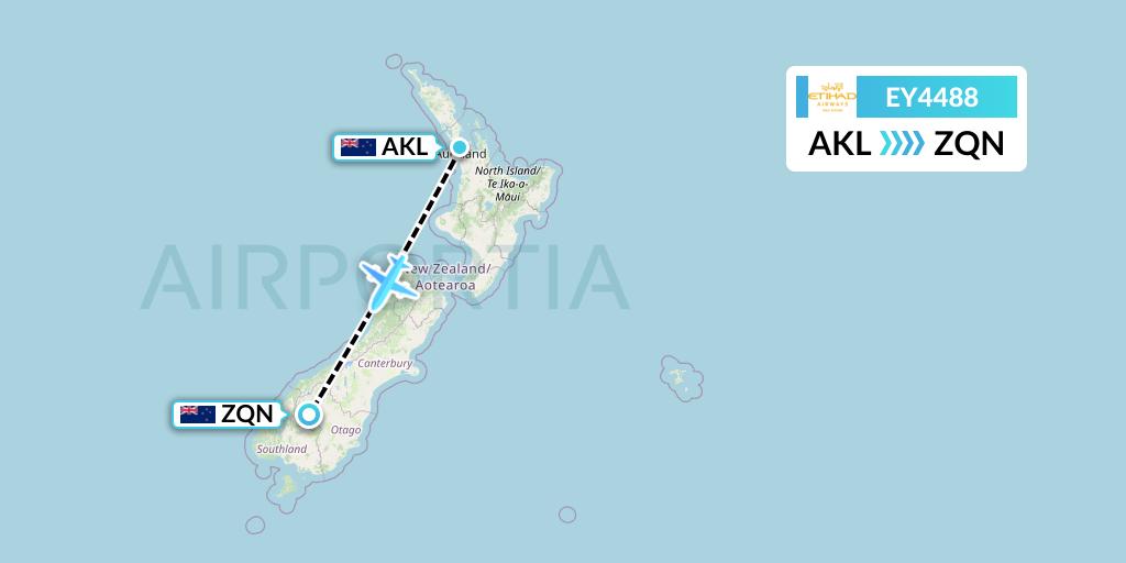 EY4488 Etihad Airways Flight Map: Auckland to Queenstown