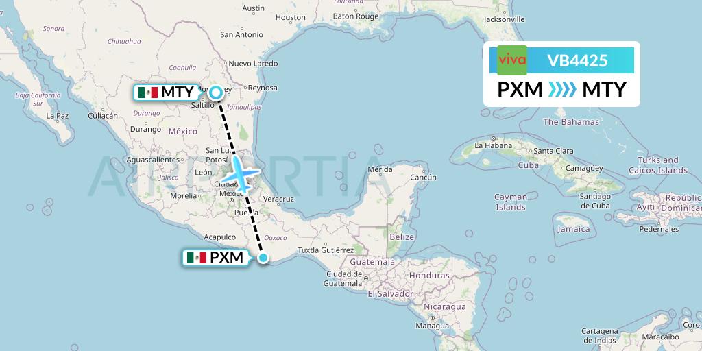 VB4425 VivaAerobus Flight Map: Puerto Escondido to Monterrey