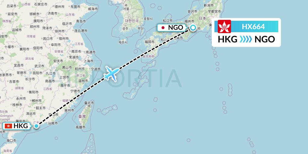 HX664 Hong Kong Airlines Flight Map: Hong Kong to Nagoya