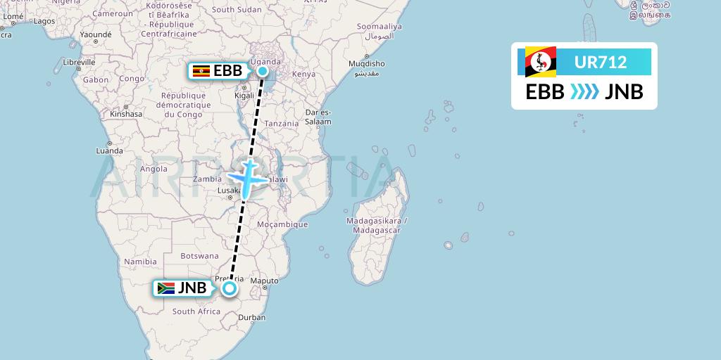 UR712 Uganda Airlines Flight Map: Entebbe to Johannesburg