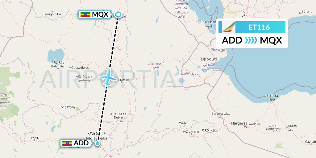 ET116 Ethiopian Airlines Flight Map: Addis Ababa to Ethiopia