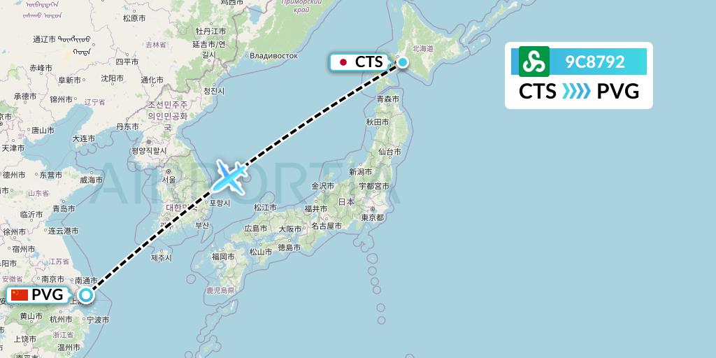 9C8792 Spring Airlines Flight Map: Sapporo to Shanghai