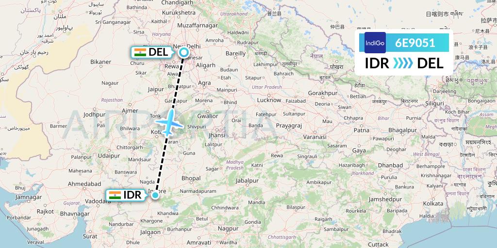 6E9051 IndiGo Airlines Flight Map: Indore to Delhi
