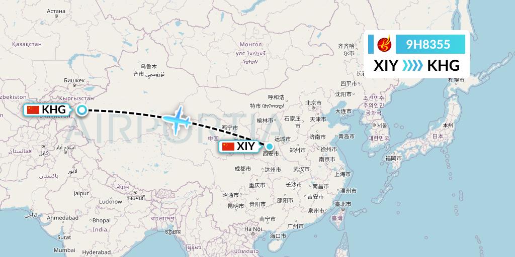 9H8355 Air Changan Flight Map: Xi'an to Kashgar