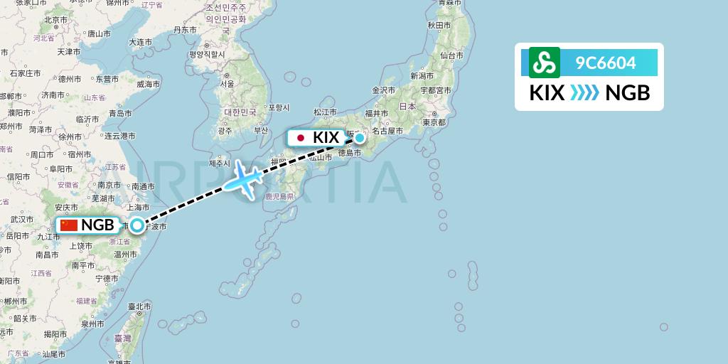 9C6604 Spring Airlines Flight Map: Osaka to Ningbo