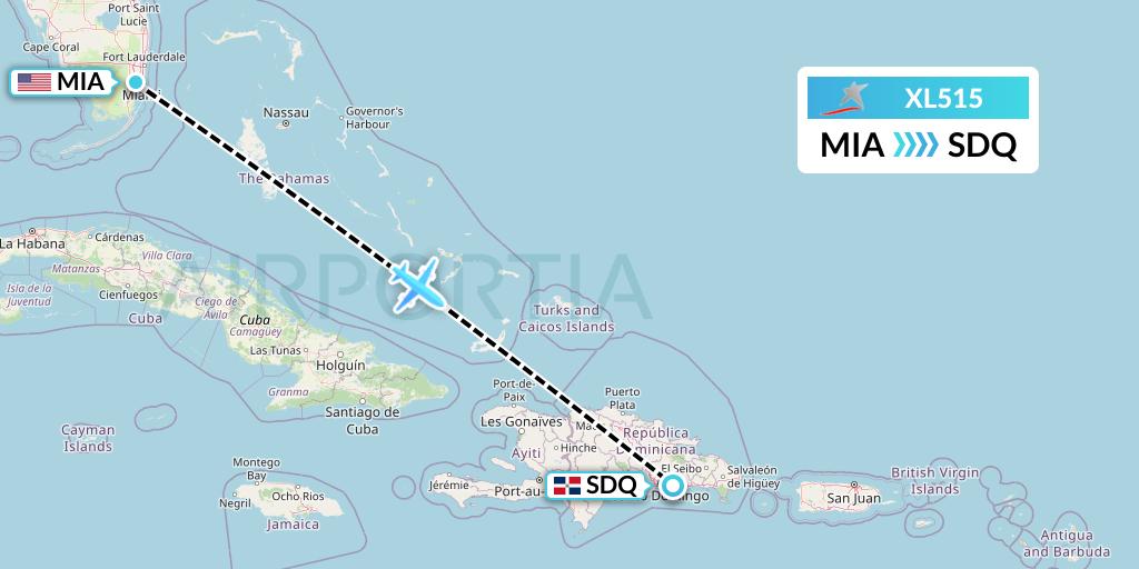 XL515 LATAM Airlines Ecuador Flight Map: Miami to Santo Domingo