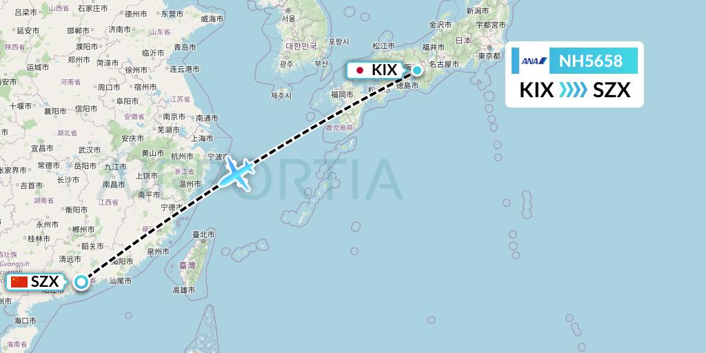 NH5658 All Nippon Airways Flight Map: Osaka to Shenzhen