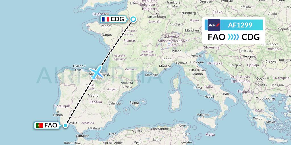 AF1299 Air France Flight Map: Faro to Paris