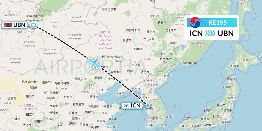 KE195 Korean Air Flight Map: Seoul to Ulan Bator