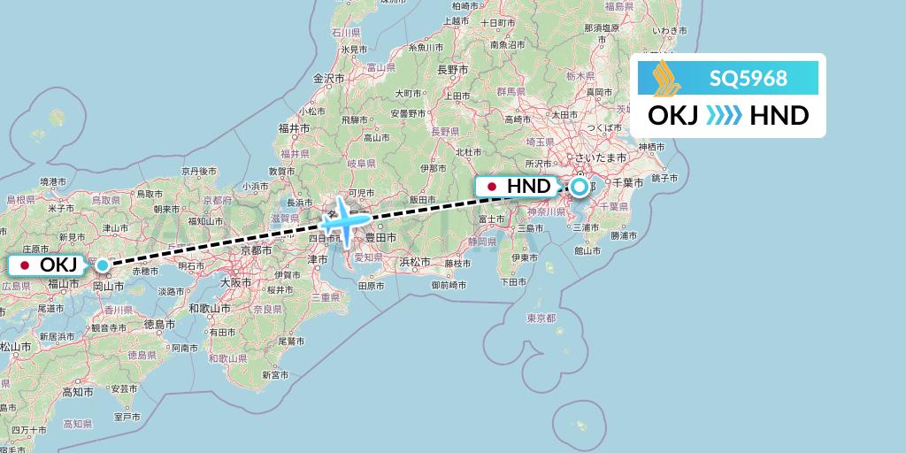 SQ5968 Singapore Airlines Flight Map: Okayama to Tokyo