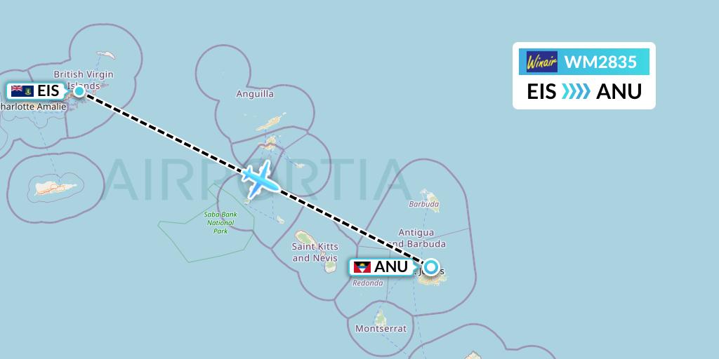 WM2835 Winair Flight Map: Beef Island to Antigua