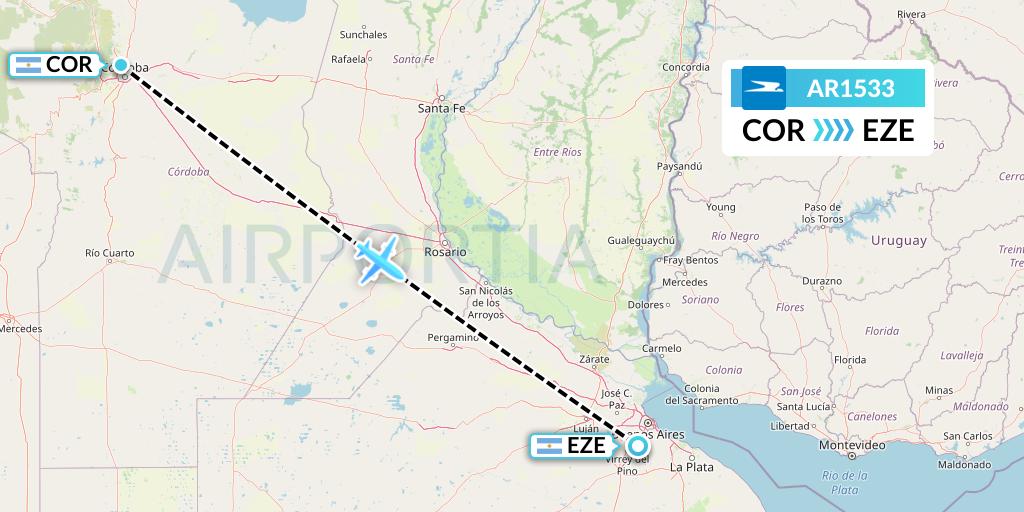 AR1533 Aerolineas Argentinas Flight Map: Cordoba to Buenos Aires